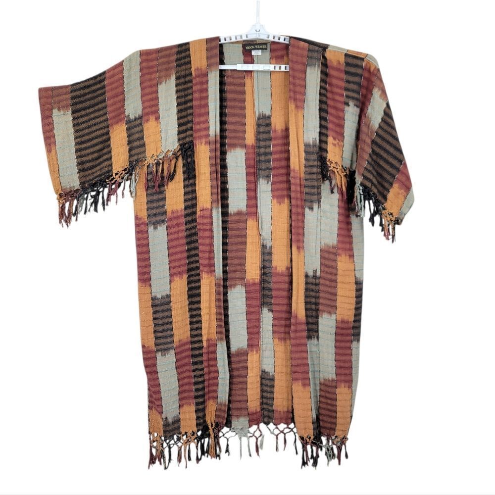 Moon Weaver Vintage Handwoven Cotton Fringe Open Front Kimono Duster Jacket